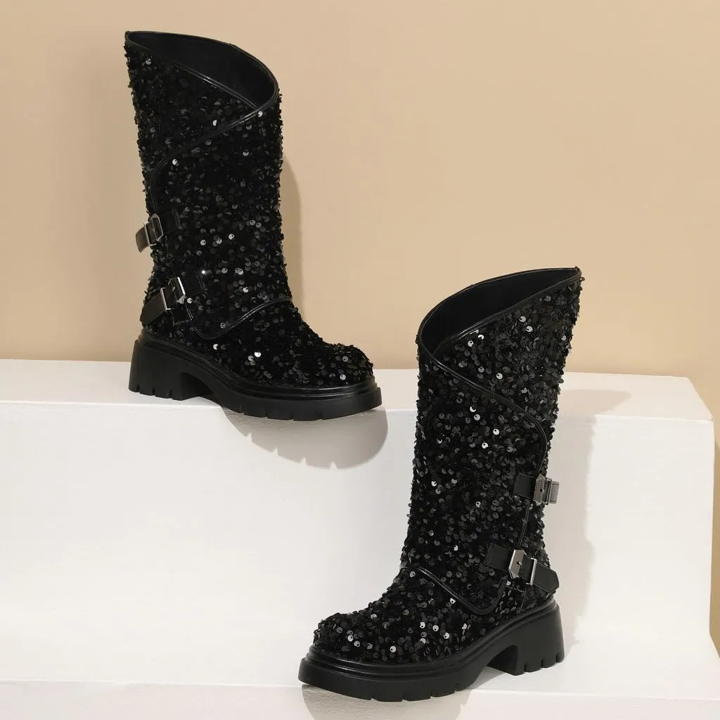 DINTAHA Sparkly Sequin Platform Boots Biker Motorcycle Riding Boots Chunky Mid Calf Heeled Boots