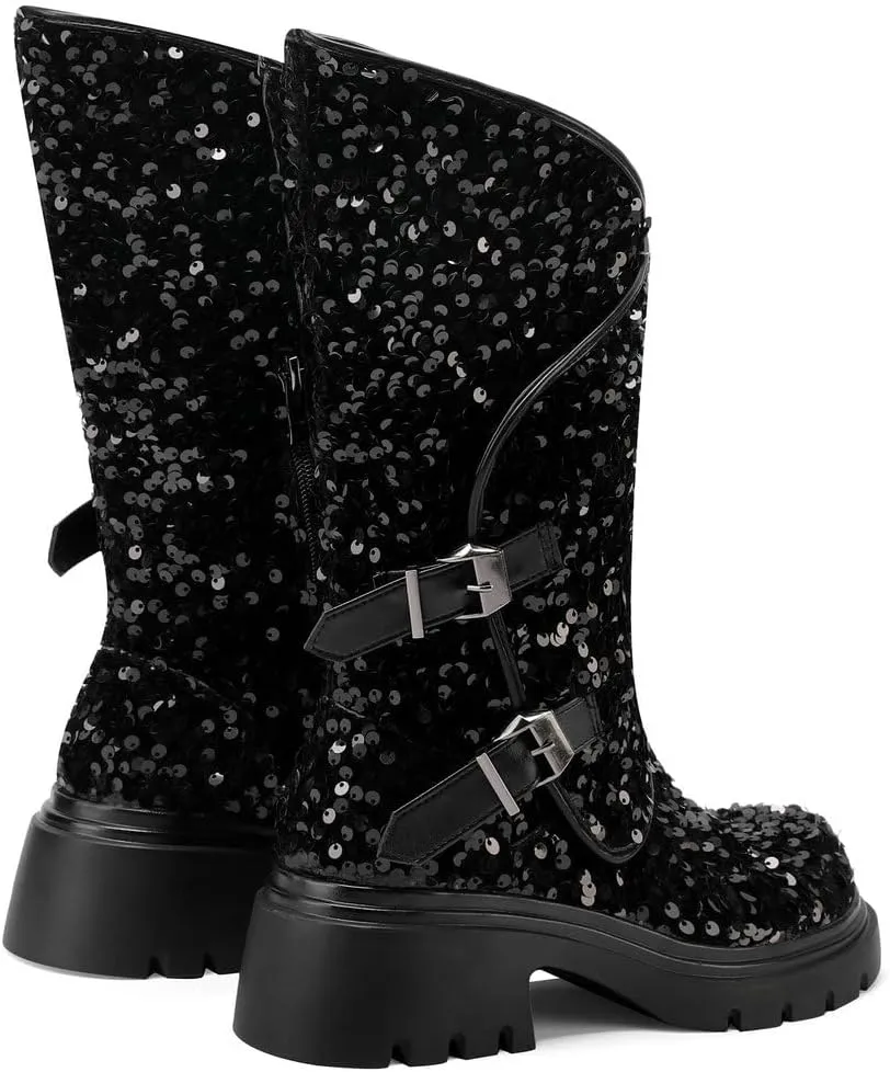 DINTAHA Sparkly Sequin Platform Boots Biker Motorcycle Riding Boots Chunky Mid Calf Heeled Boots