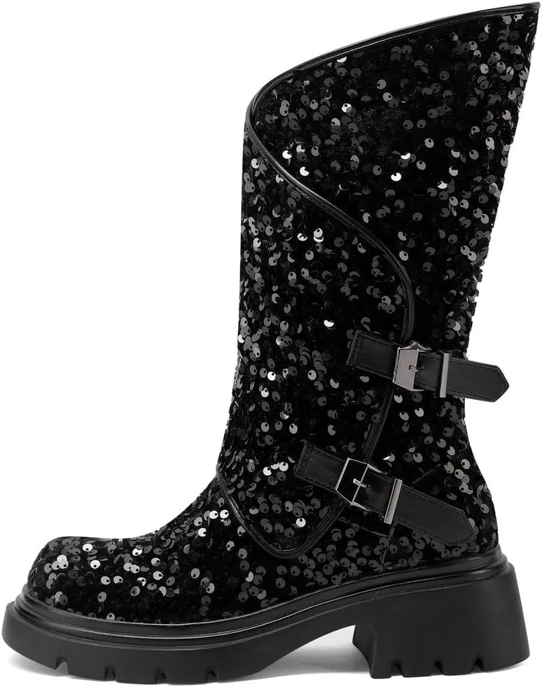 DINTAHA Sparkly Sequin Platform Boots Biker Motorcycle Riding Boots Chunky Mid Calf Heeled Boots