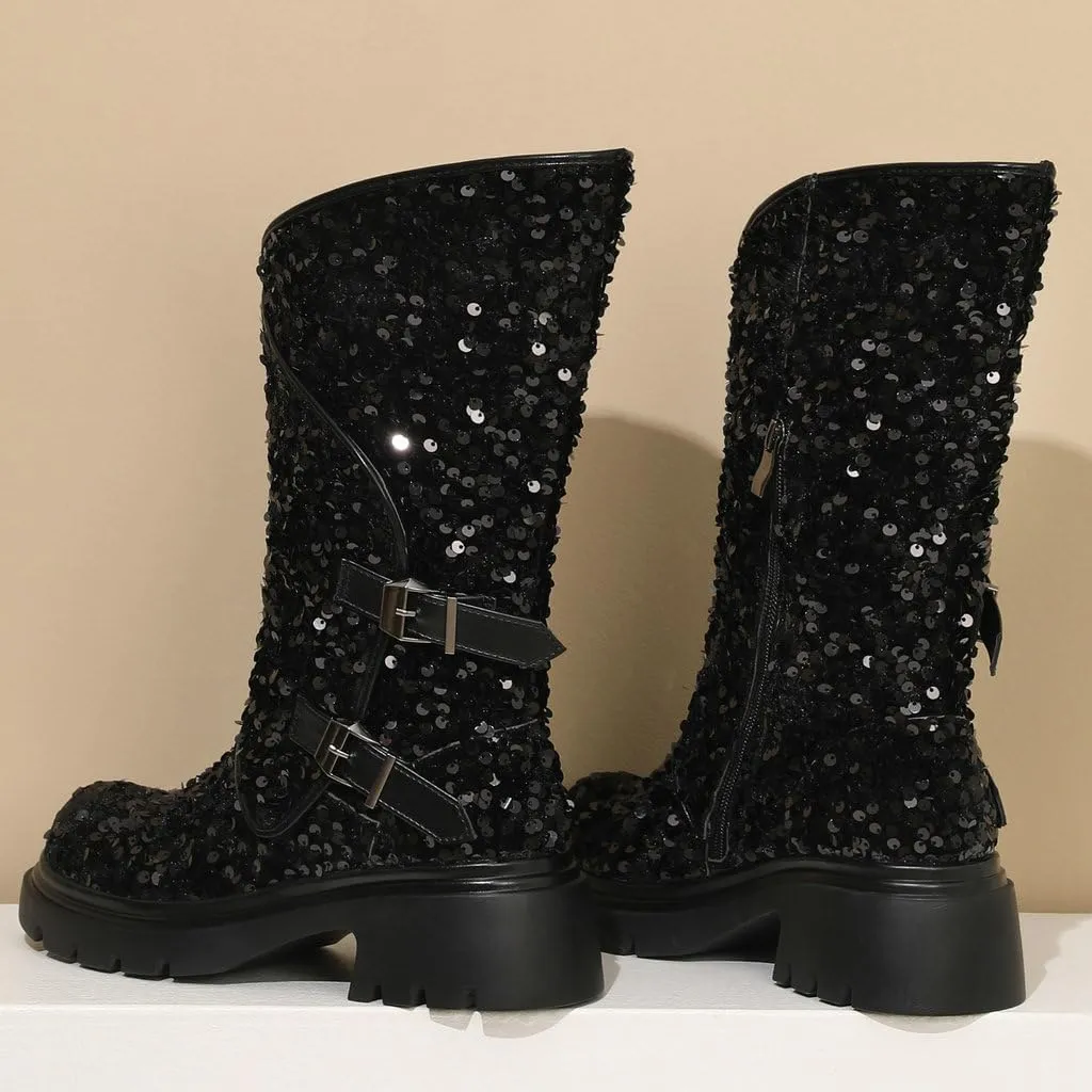 DINTAHA Sparkly Sequin Platform Boots Biker Motorcycle Riding Boots Chunky Mid Calf Heeled Boots