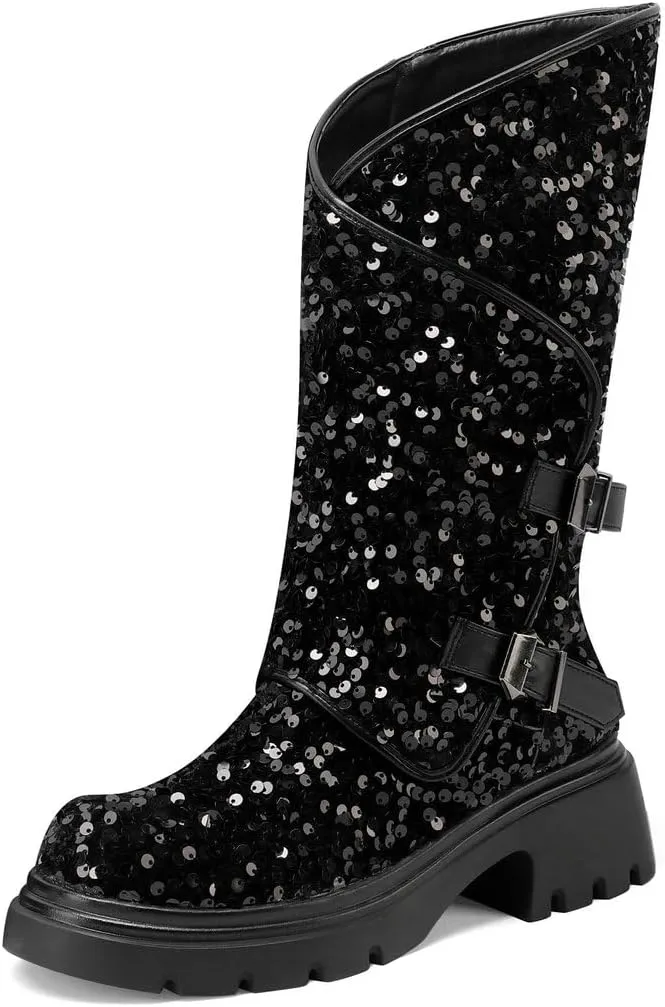 DINTAHA Sparkly Sequin Platform Boots Biker Motorcycle Riding Boots Chunky Mid Calf Heeled Boots