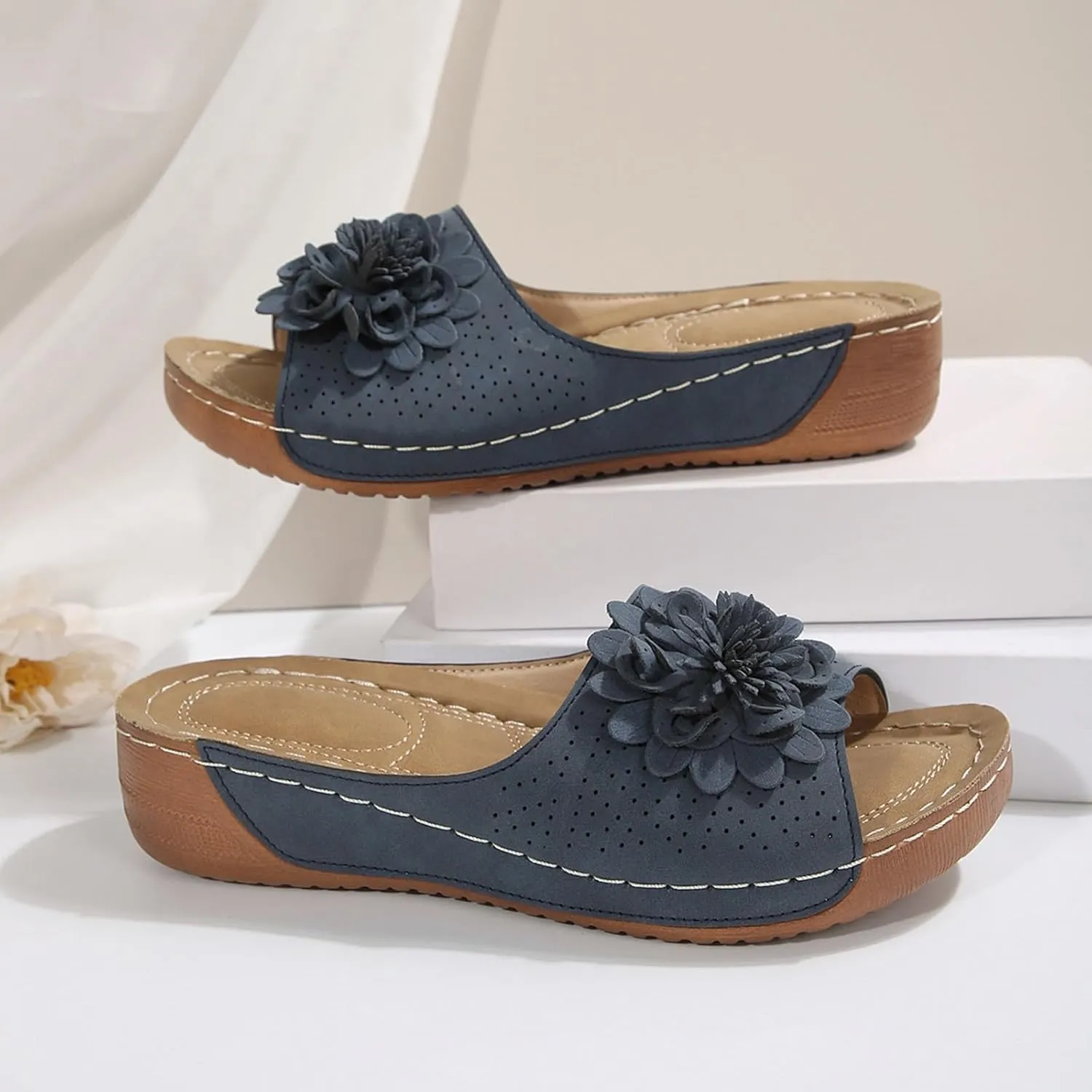Flowers Orthopedic Sandals for Women Arch Support Fish Mouth Open Toe Leather Slippers Wedge Platform Sandal