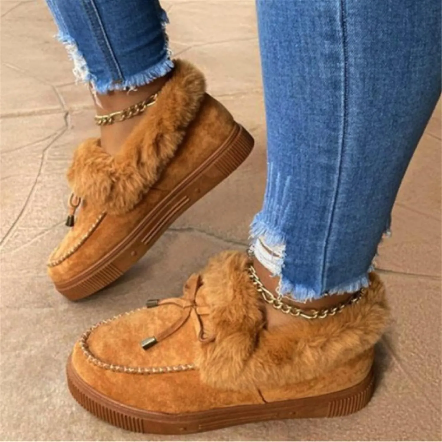 Lausiuoe Winter Fashion Boots For Women 2024 Warm Snow Fuzzy Ankle Booties Flat Cute Silp On Comfortable Casual Loafers Shoes