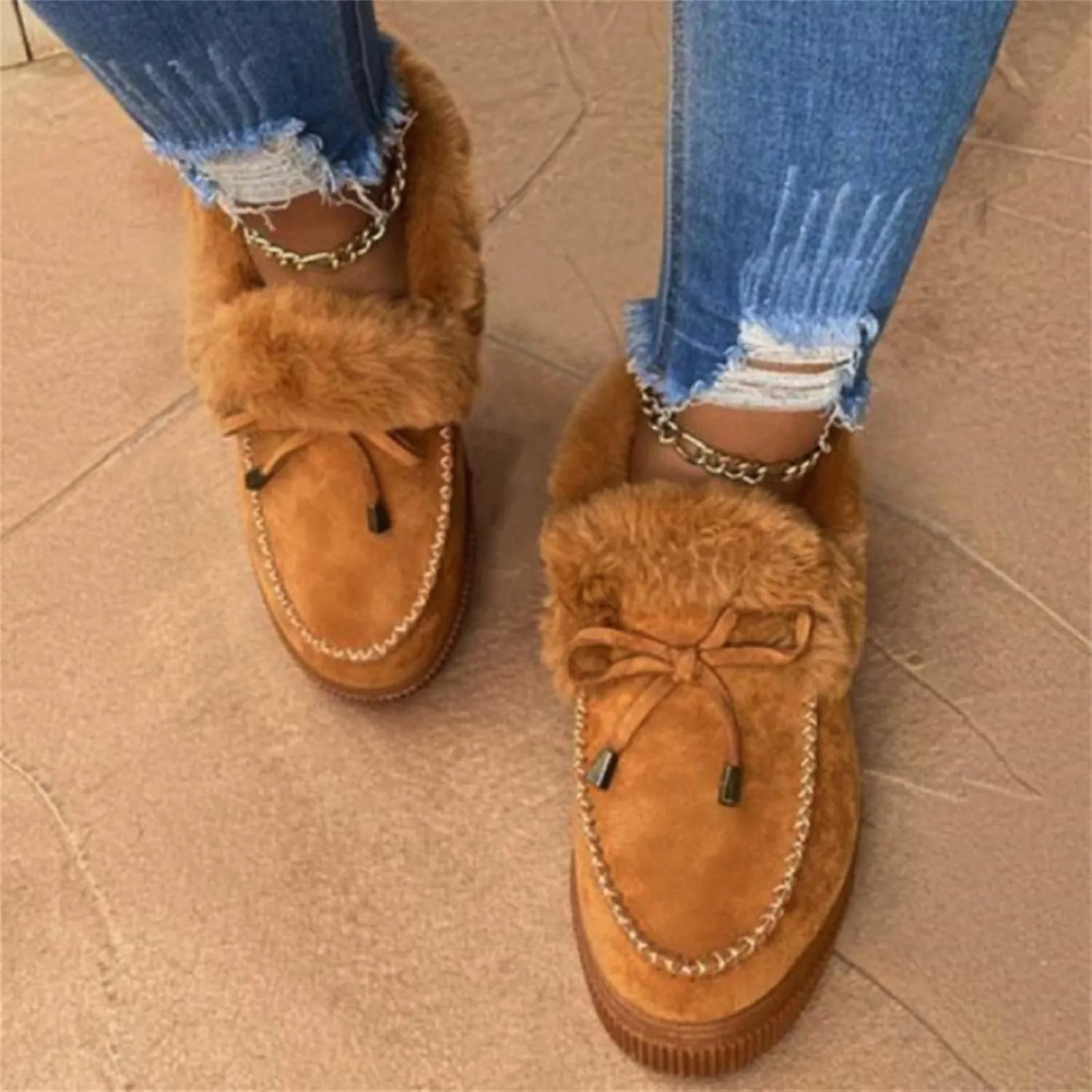 Lausiuoe Winter Fashion Boots For Women 2024 Warm Snow Fuzzy Ankle Booties Flat Cute Silp On Comfortable Casual Loafers Shoes