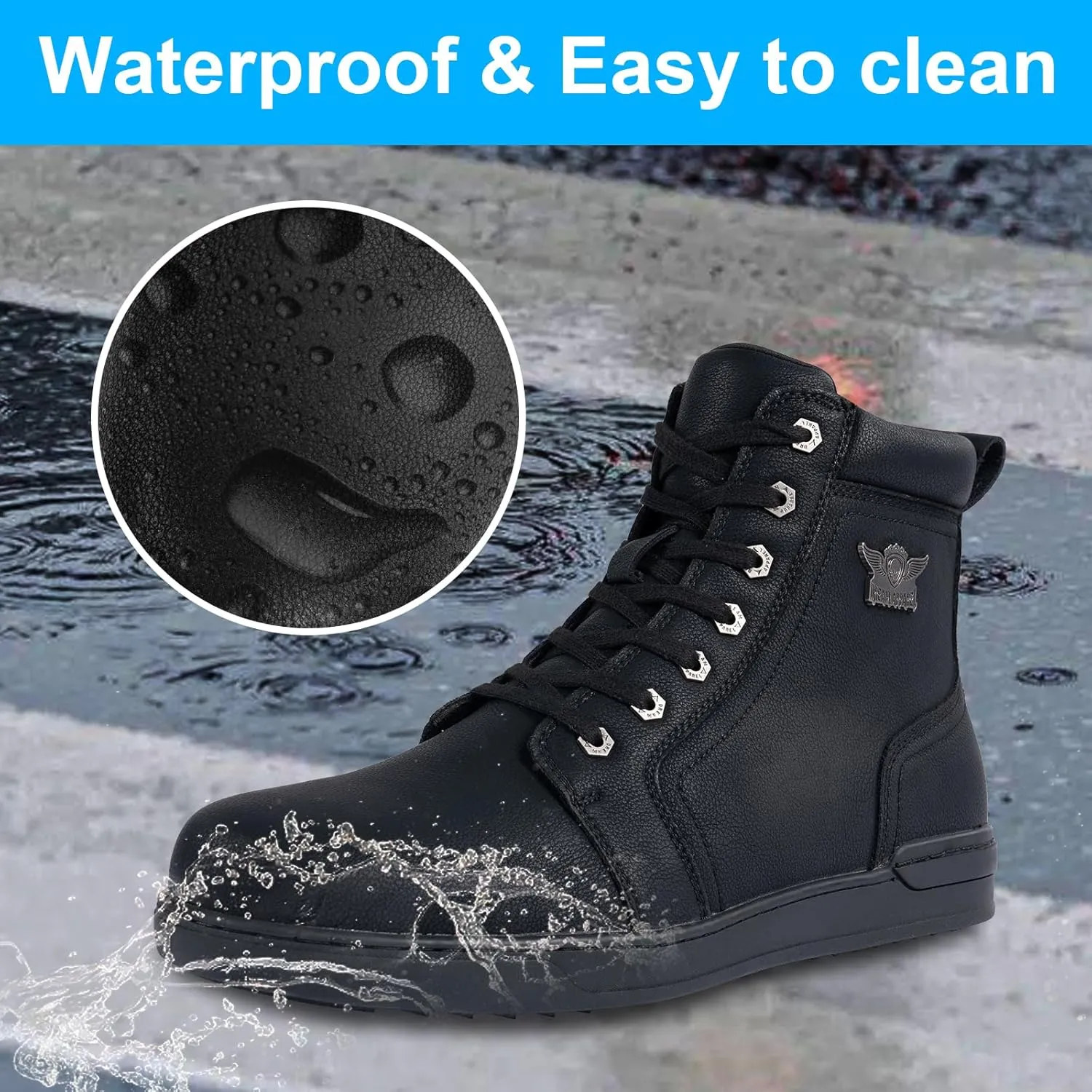 Men's Casual Boot PU Leather Combat Boots For Men Waterproof Motorcycle Boots For Biker Hiking with Lace-Up Side Zipper