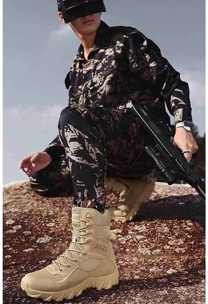 Men's Tactical Ankle Boots: Side Zipper Military Work Boots, Hook & Loop Closure
