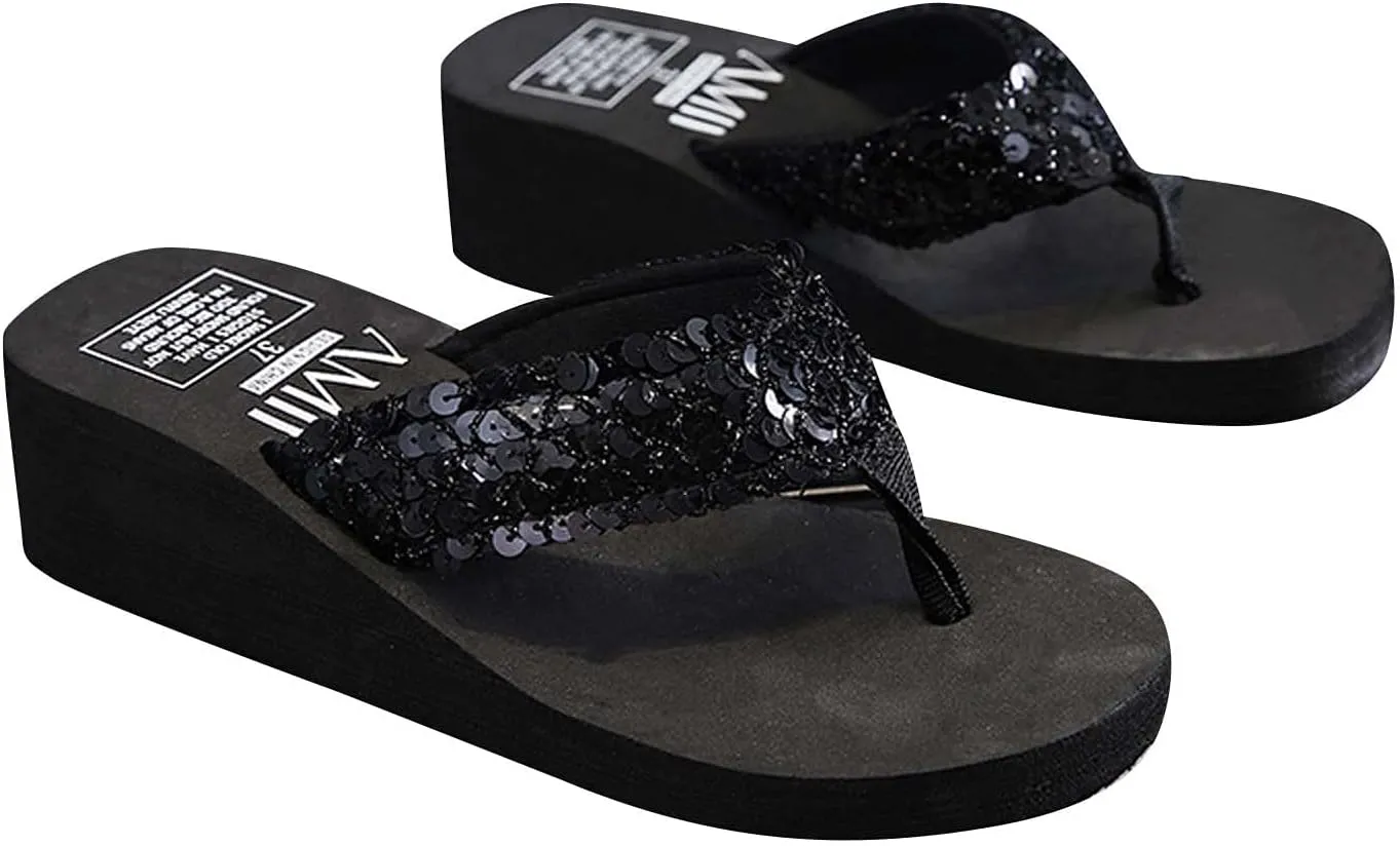 oiangi Glitter Flip Flops Sandals for Women Casual Summer Fashion Thong Open Toe Wedge Platform Slippers