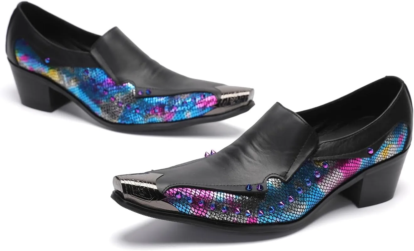 Santimon Men's Dress Casual Penny Loafers - Genuine Leather Slip On Mocasines Western Shoes with Metal-Tip Toe & Rainbow Beads for Wedding, Prom Ballroom & Party