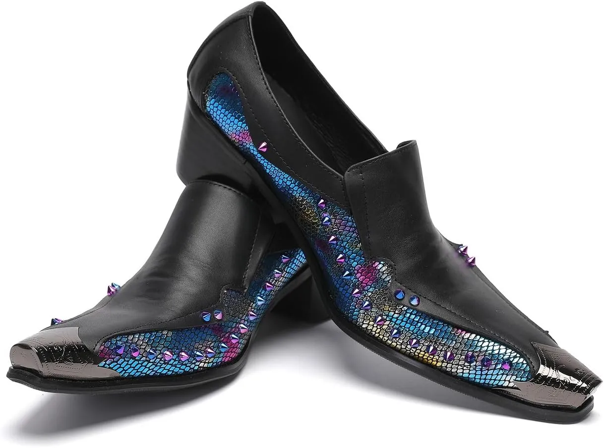 Santimon Men's Dress Casual Penny Loafers - Genuine Leather Slip On Mocasines Western Shoes with Metal-Tip Toe & Rainbow Beads for Wedding, Prom Ballroom & Party