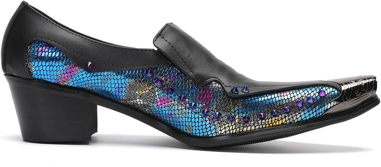 Santimon Men's Dress Casual Penny Loafers - Genuine Leather Slip On Mocasines Western Shoes with Metal-Tip Toe & Rainbow Beads for Wedding, Prom Ballroom & Party