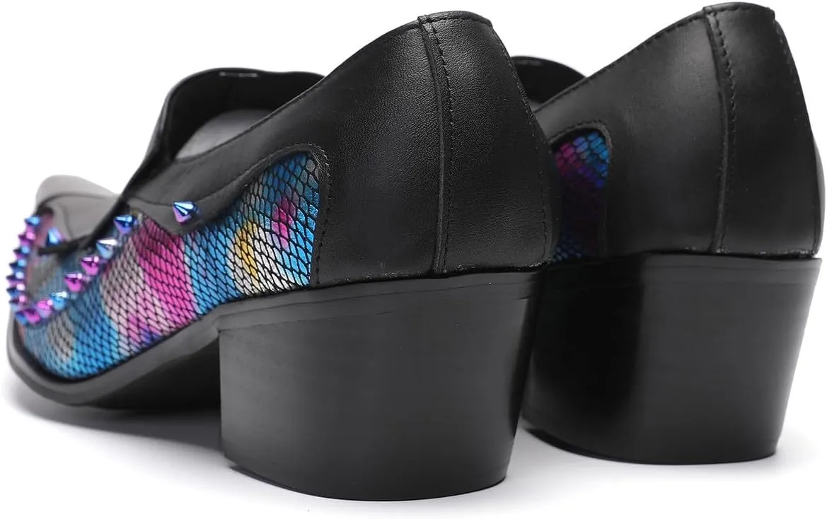 Santimon Men's Dress Casual Penny Loafers - Genuine Leather Slip On Mocasines Western Shoes with Metal-Tip Toe & Rainbow Beads for Wedding, Prom Ballroom & Party