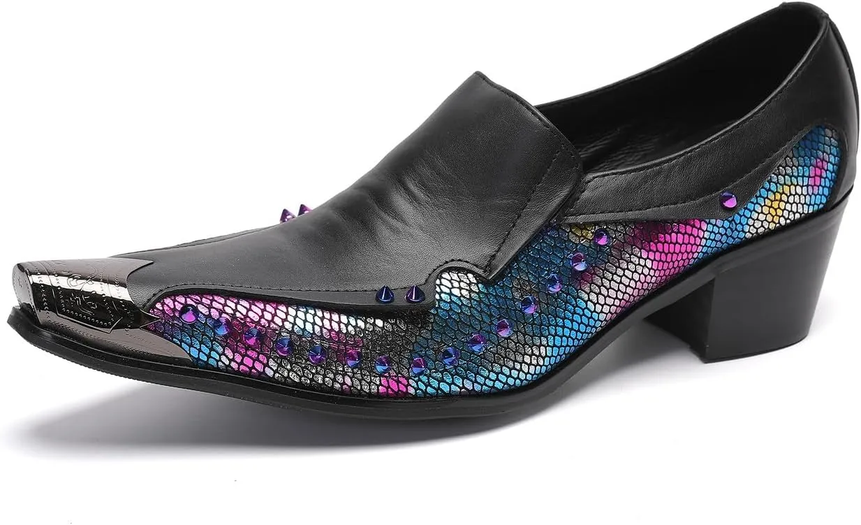 Santimon Men's Dress Casual Penny Loafers - Genuine Leather Slip On Mocasines Western Shoes with Metal-Tip Toe & Rainbow Beads for Wedding, Prom Ballroom & Party