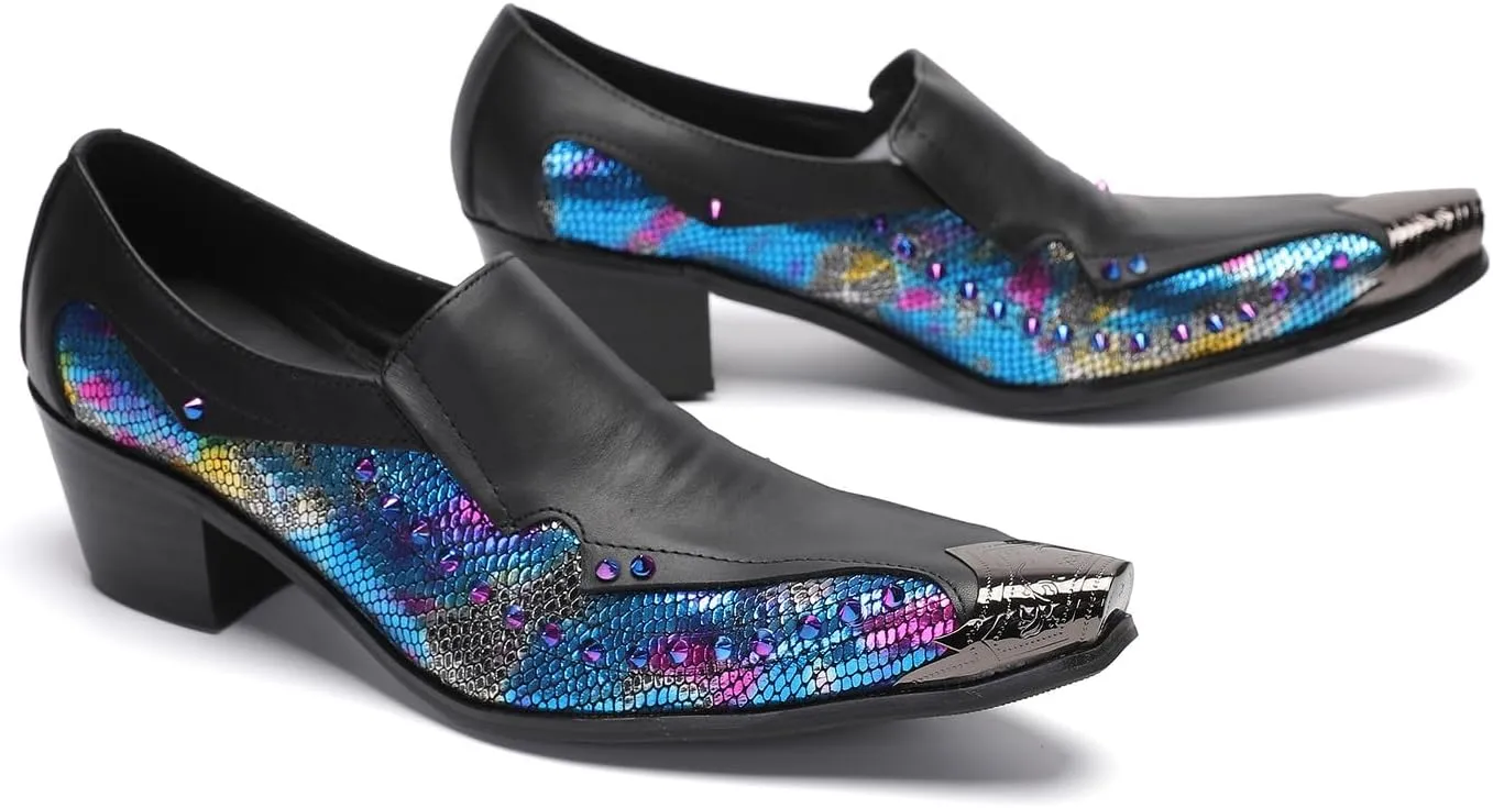 Santimon Men's Dress Casual Penny Loafers - Genuine Leather Slip On Mocasines Western Shoes with Metal-Tip Toe & Rainbow Beads for Wedding, Prom Ballroom & Party