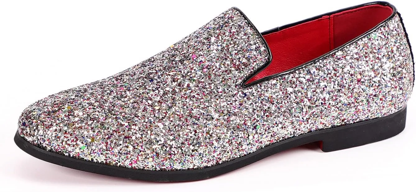 Santimon Mens Glitter Loafers Slip-On Dress Shoes  Sparkly Tuxedo & Suit Shoes for Weddings, Parties, and Formal Events