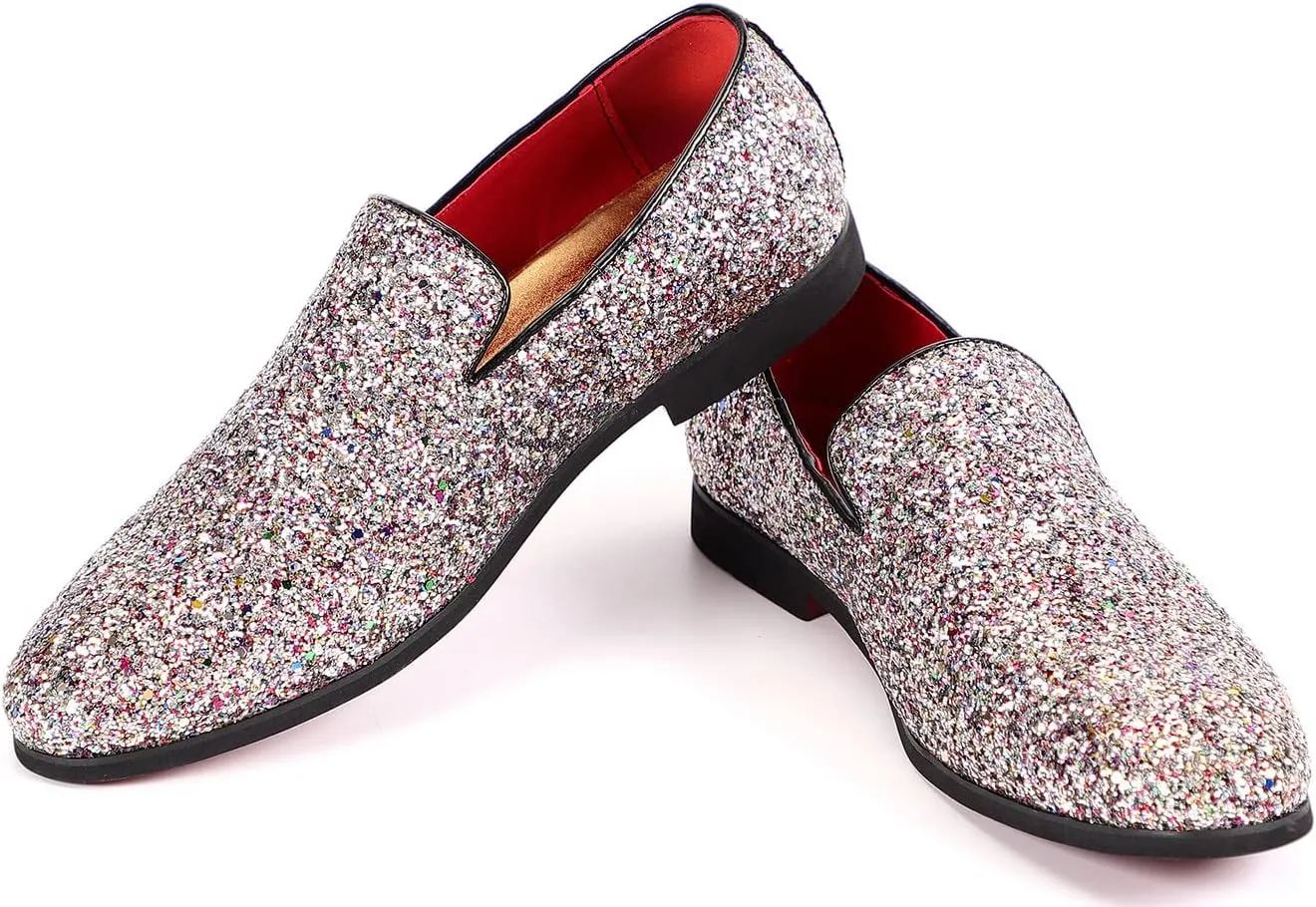 Santimon Mens Glitter Loafers Slip-On Dress Shoes  Sparkly Tuxedo & Suit Shoes for Weddings, Parties, and Formal Events