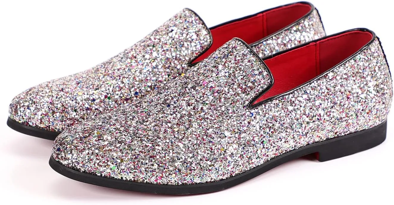 Santimon Mens Glitter Loafers Slip-On Dress Shoes  Sparkly Tuxedo & Suit Shoes for Weddings, Parties, and Formal Events