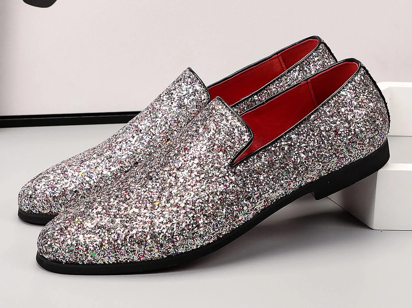 Santimon Mens Glitter Loafers Slip-On Dress Shoes  Sparkly Tuxedo & Suit Shoes for Weddings, Parties, and Formal Events