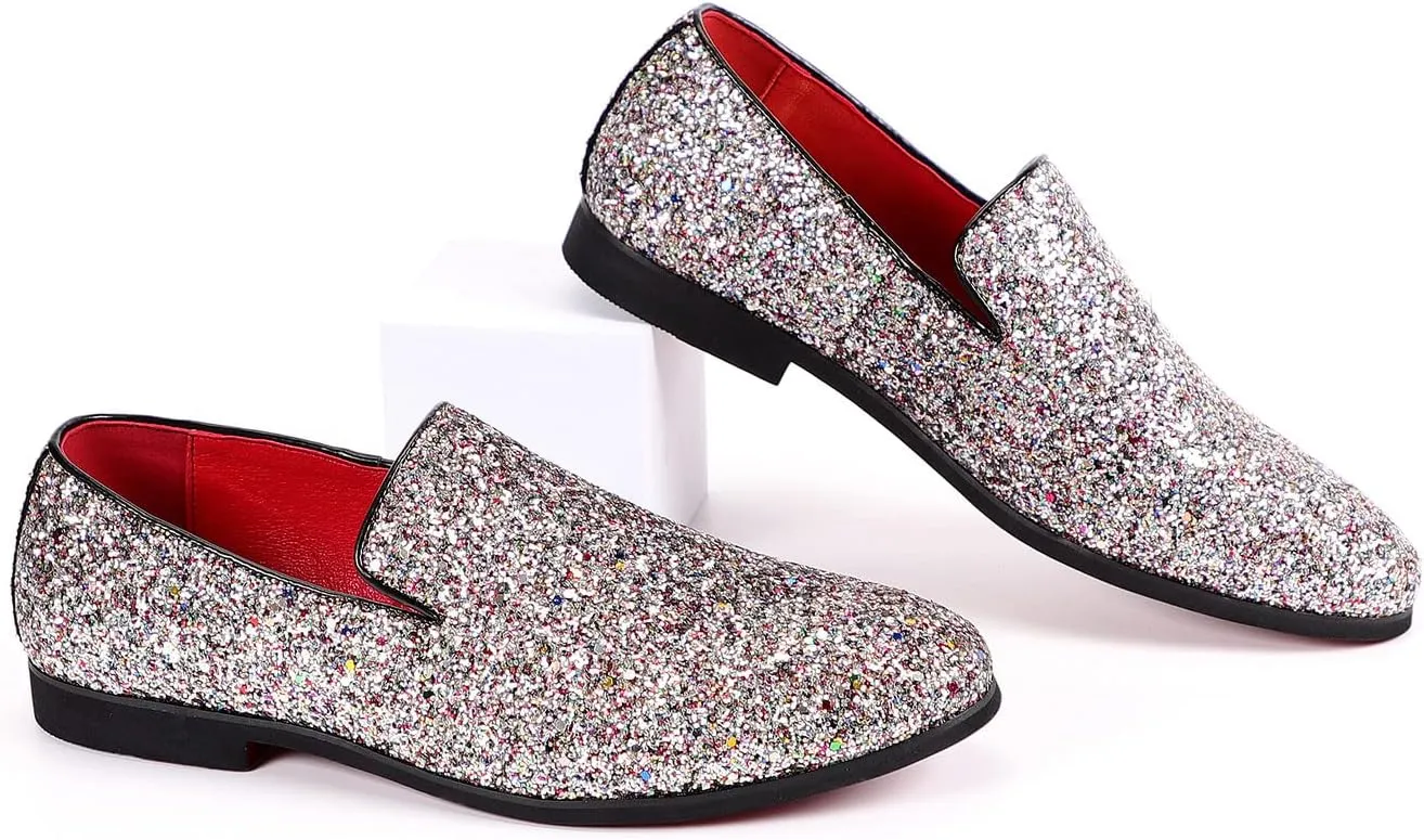 Santimon Mens Glitter Loafers Slip-On Dress Shoes  Sparkly Tuxedo & Suit Shoes for Weddings, Parties, and Formal Events