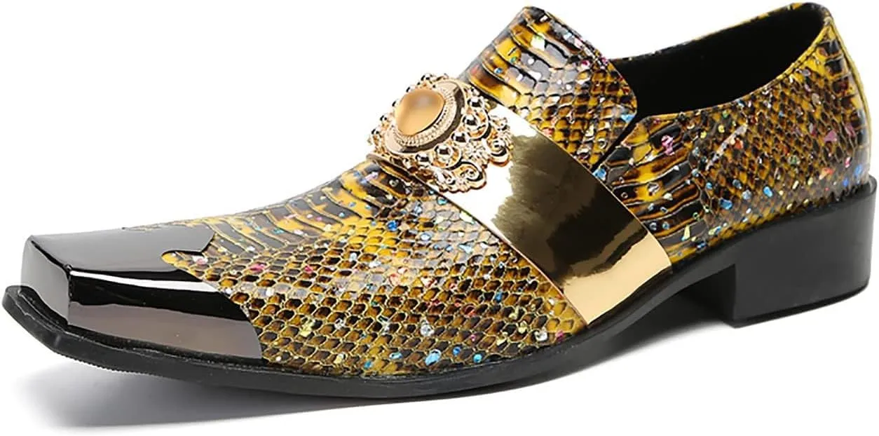 Santimon Mens Loafers Dress Casual Slip On Genuine Leather Yellow Gemstone Mocassins Snakeskin Texture Metal-Square Toe Penny Loafers Prom Wedding Western Party Disco Tuxedo Shoes for Mens
