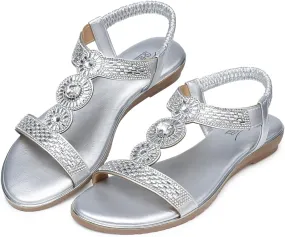 SHIBEVER Sandals Women Dressy Summer: Comfortable Rhinestones Bling Flats Ankle Strap Sandals