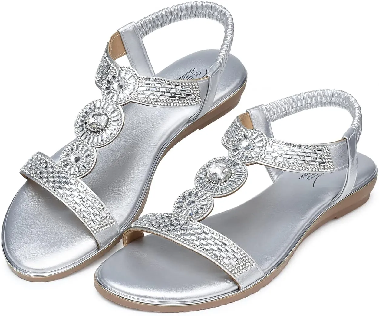 SHIBEVER Sandals Women Dressy Summer: Comfortable Rhinestones Bling Flats Ankle Strap Sandals