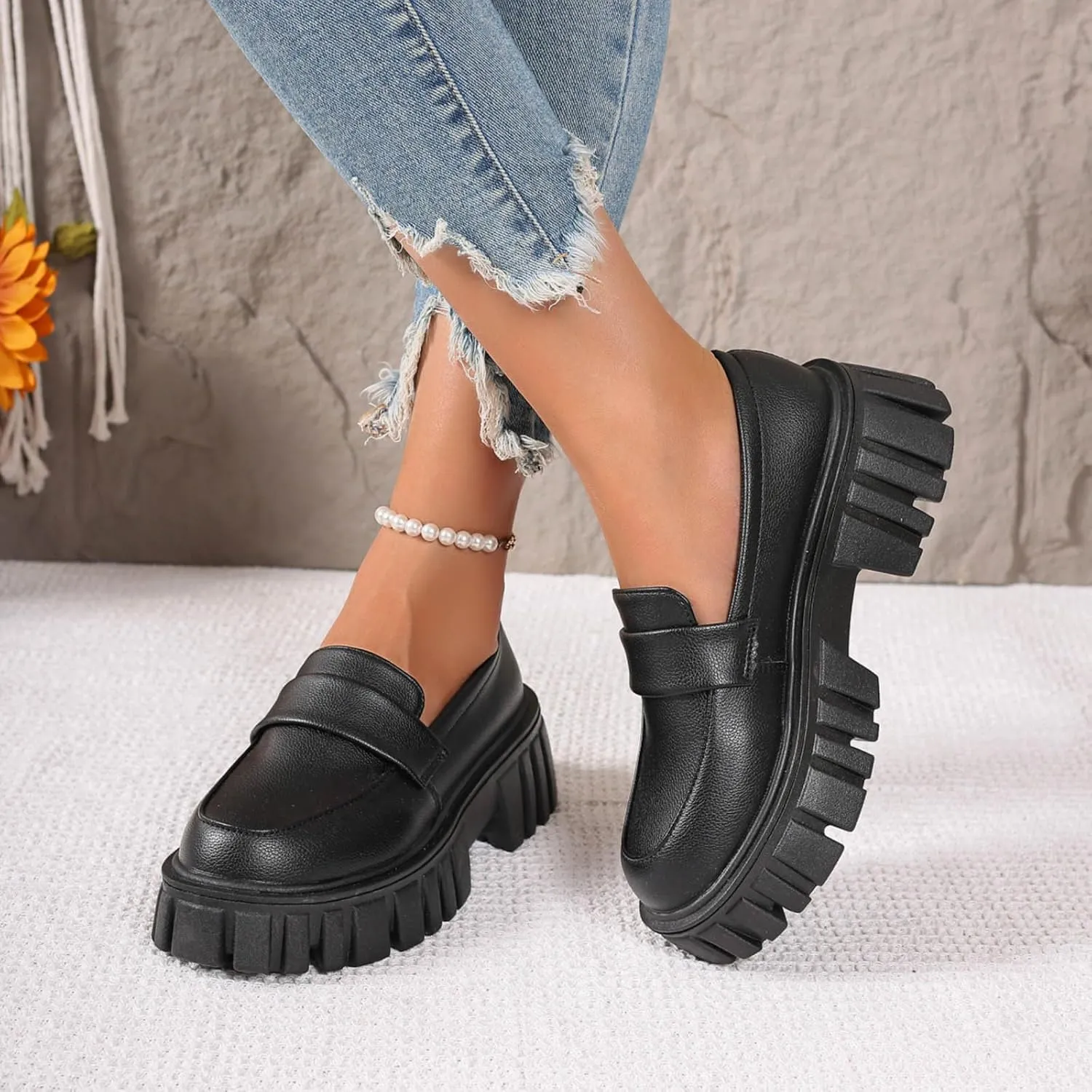 Slip-On Loafers for Women Leather Work Shoe Chunky Business Shoe Comfortable Dress Shoes Casual Platform Shoes