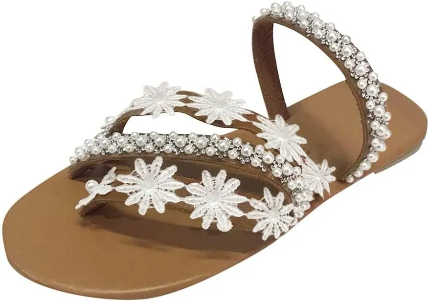 Slippers for Women Summer Beach Thong Sandals Vacation Bohemia Flat Sandals Flower Glitter Beaded Flat Shoes