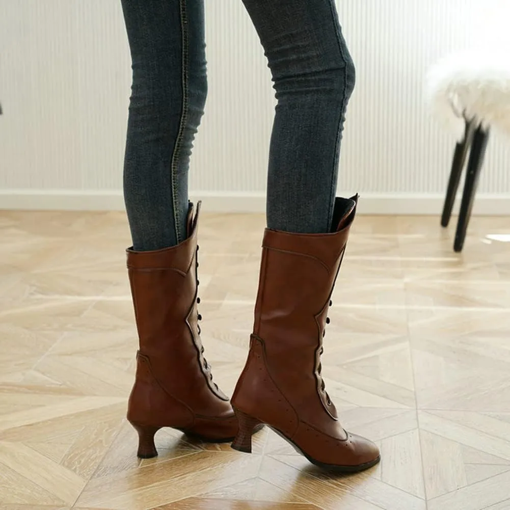 VULTRO Womens Retro Boots Ladies Lace Up Mid Calf Knee High Military Combat Biker Boots