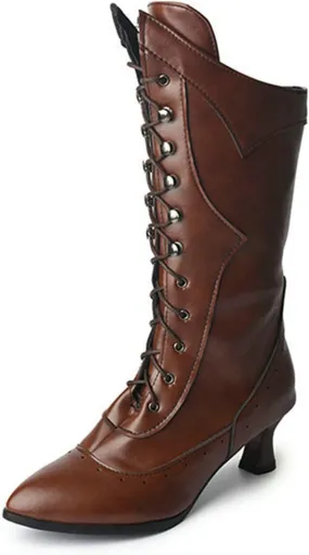 VULTRO Womens Retro Boots Ladies Lace Up Mid Calf Knee High Military Combat Biker Boots
