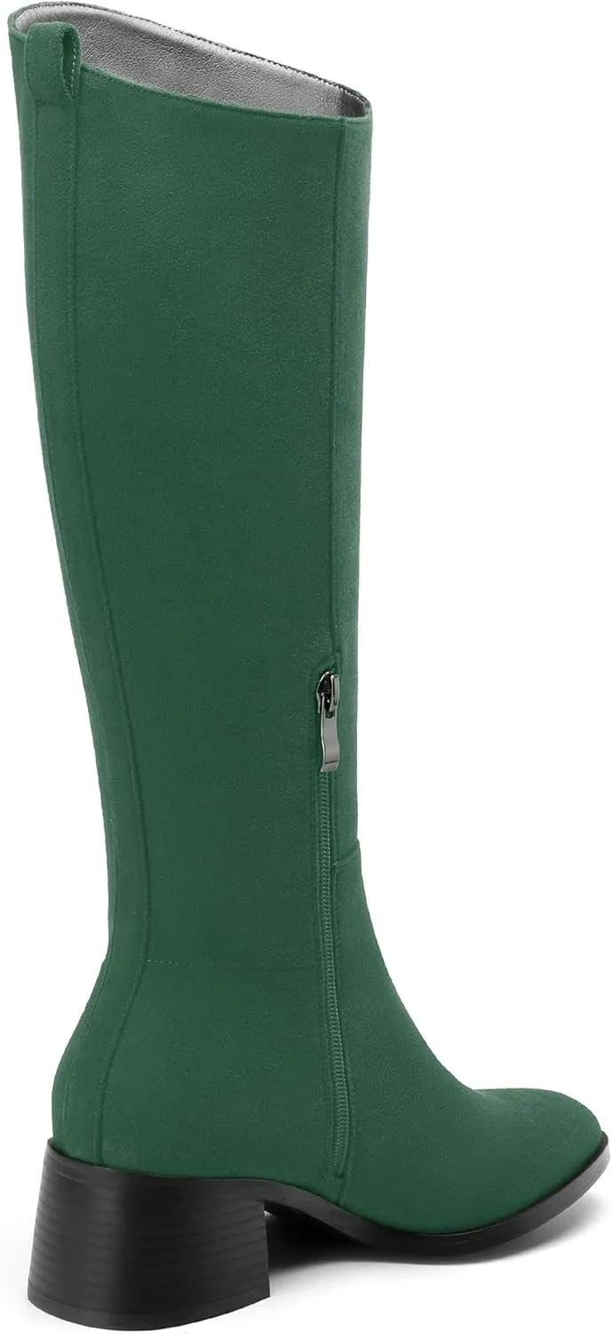 Womens Knee High Boots, Round Toe Low Block Heel Riding Boots, Cowboy Boots for Women, Chunky Heel Knee-high Tall Boots with Asymmetric Slant 2"