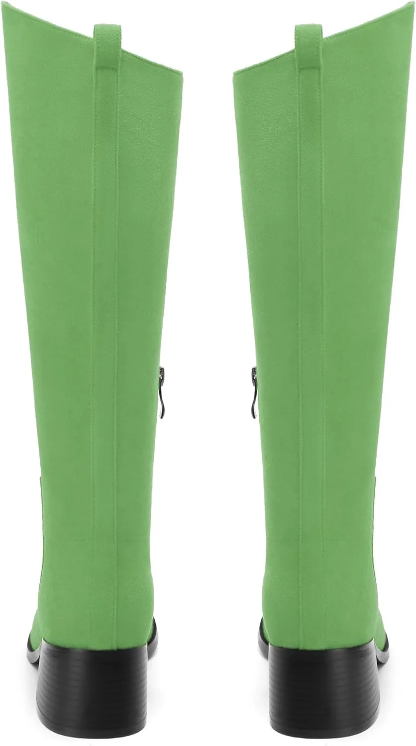 Womens Knee High Boots, Round Toe Low Block Heel Riding Boots, Cowboy Boots for Women, Chunky Heel Knee-high Tall Boots with Asymmetric Slant 2"