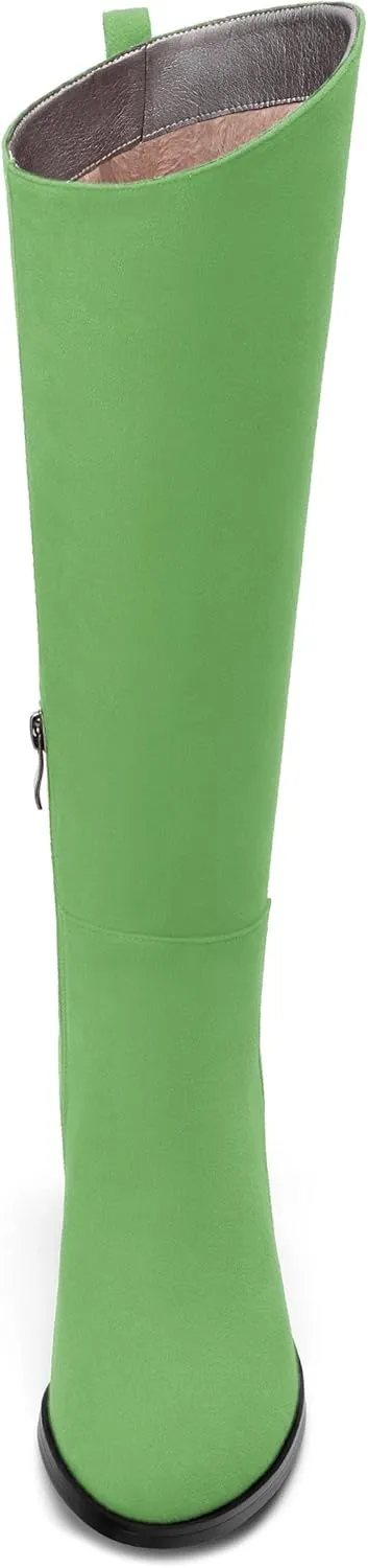 Womens Knee High Boots, Round Toe Low Block Heel Riding Boots, Cowboy Boots for Women, Chunky Heel Knee-high Tall Boots with Asymmetric Slant 2"