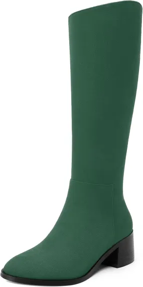 Womens Knee High Boots, Round Toe Low Block Heel Riding Boots, Cowboy Boots for Women, Chunky Heel Knee-high Tall Boots with Asymmetric Slant 2"