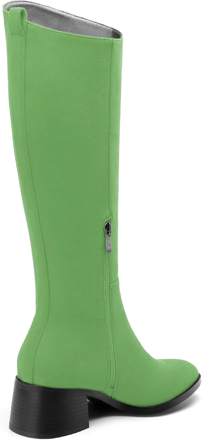 Womens Knee High Boots, Round Toe Low Block Heel Riding Boots, Cowboy Boots for Women, Chunky Heel Knee-high Tall Boots with Asymmetric Slant 2"