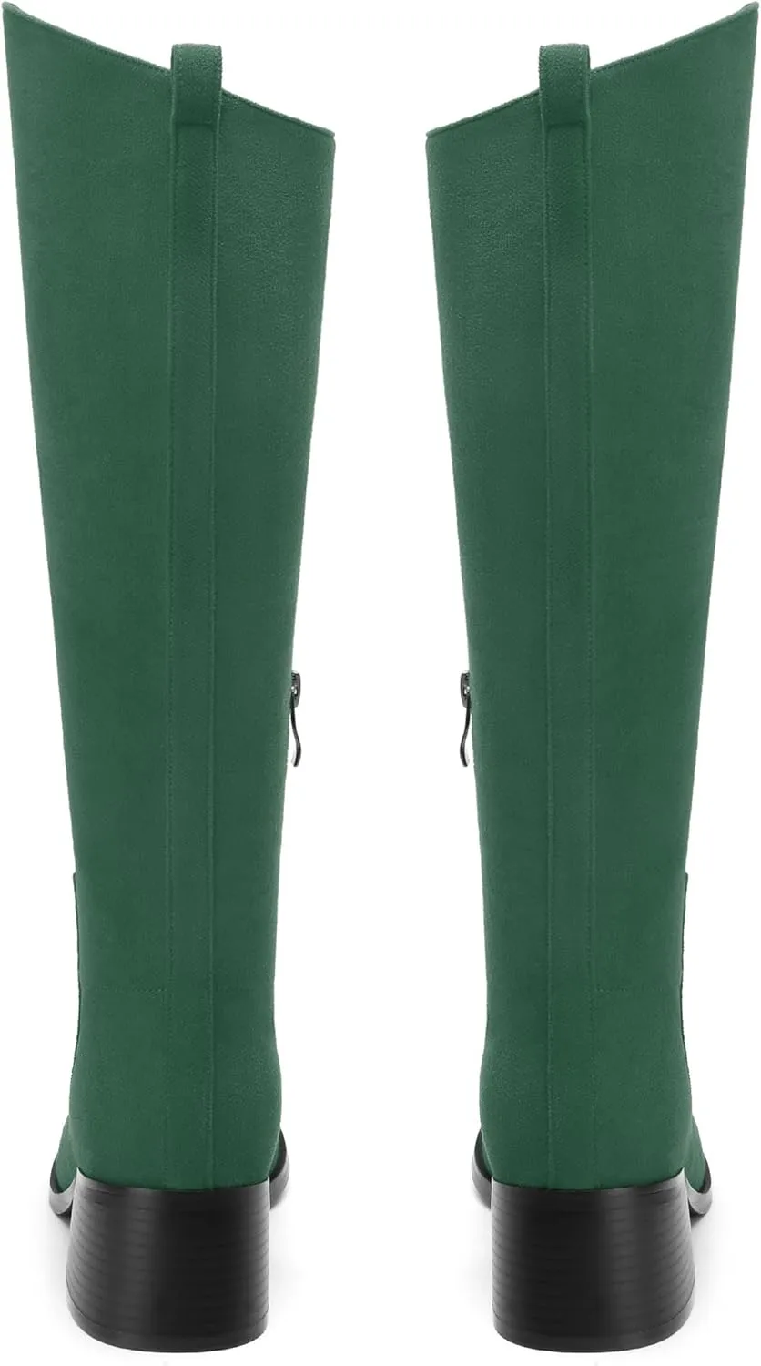 Womens Knee High Boots, Round Toe Low Block Heel Riding Boots, Cowboy Boots for Women, Chunky Heel Knee-high Tall Boots with Asymmetric Slant 2"