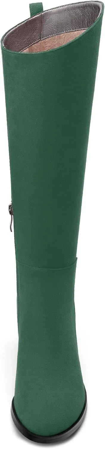 Womens Knee High Boots, Round Toe Low Block Heel Riding Boots, Cowboy Boots for Women, Chunky Heel Knee-high Tall Boots with Asymmetric Slant 2"