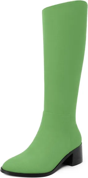 Womens Knee High Boots, Round Toe Low Block Heel Riding Boots, Cowboy Boots for Women, Chunky Heel Knee-high Tall Boots with Asymmetric Slant 2"