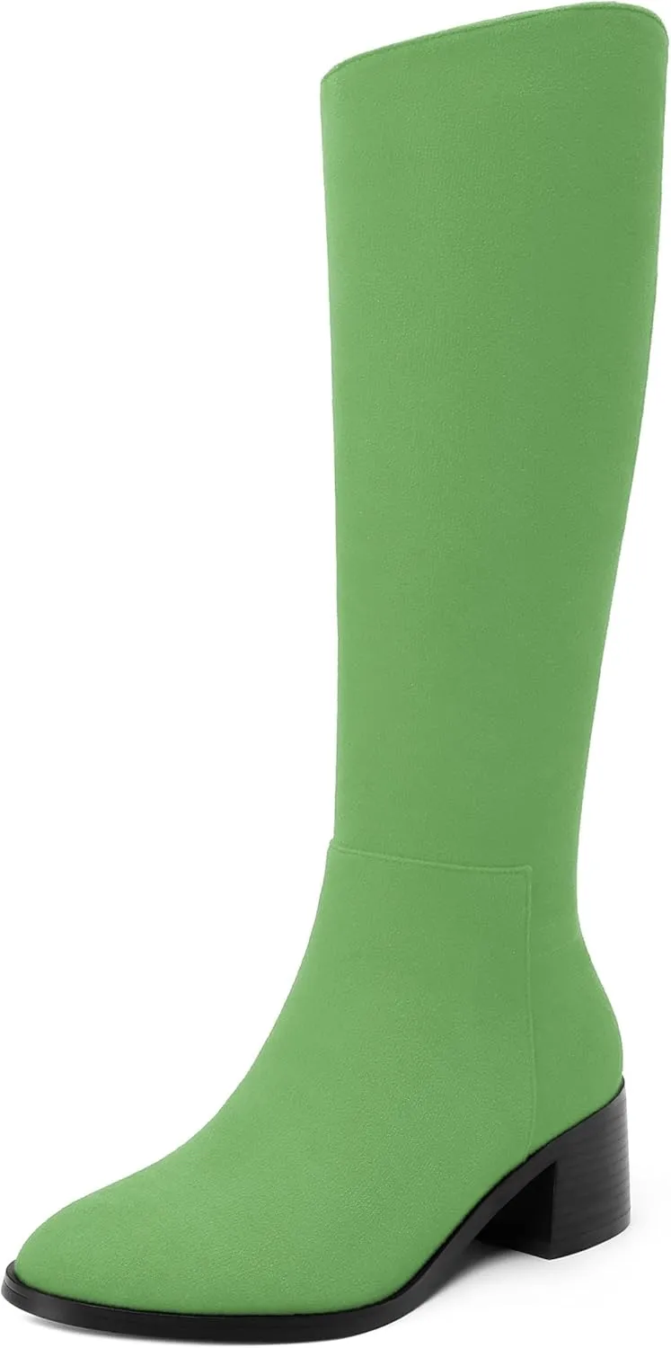 Womens Knee High Boots, Round Toe Low Block Heel Riding Boots, Cowboy Boots for Women, Chunky Heel Knee-high Tall Boots with Asymmetric Slant 2"
