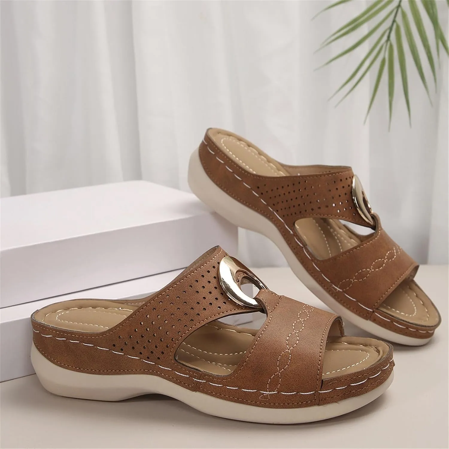 Women's Wedge Sandals Summer Leather Flat Hollow Out Slip On Open Toe Arch Support Platform Sandal Shoes