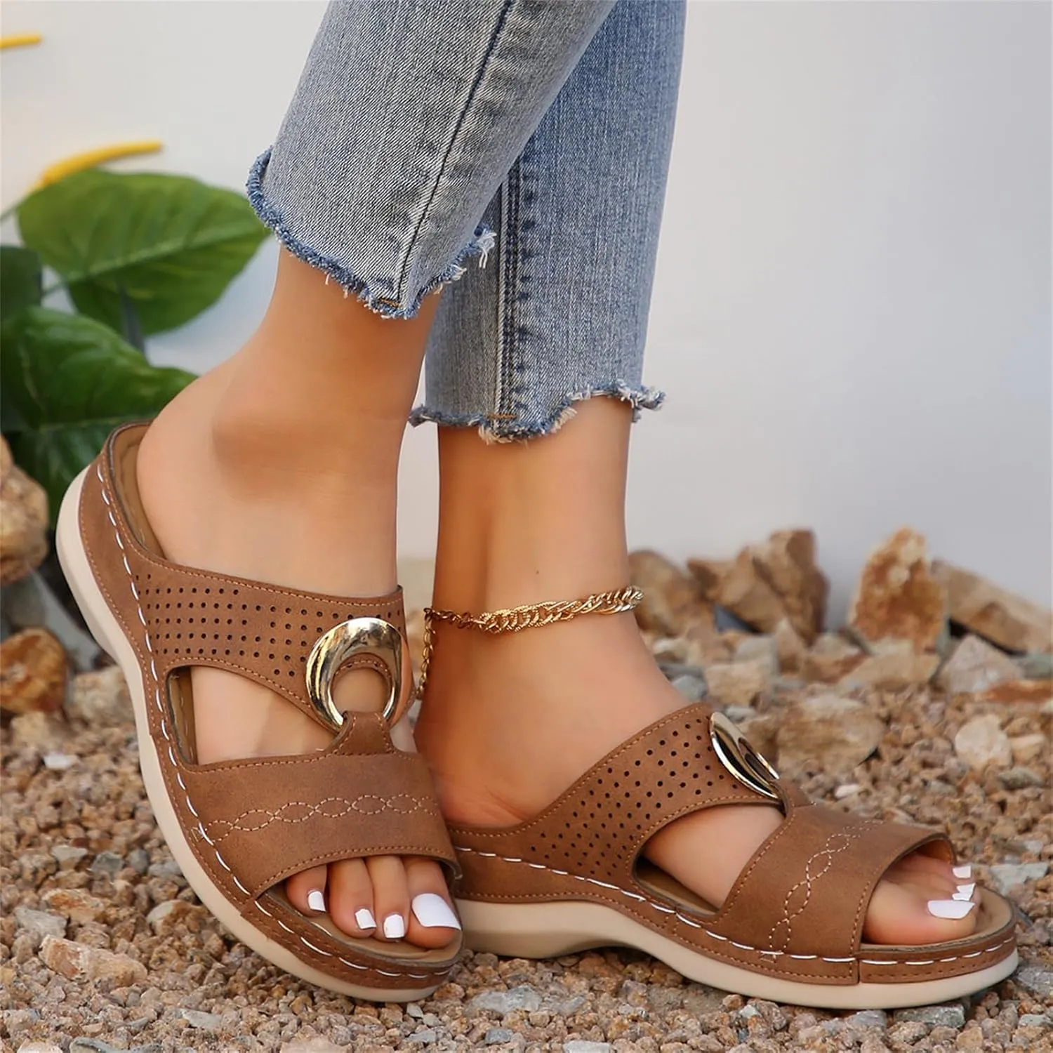 Women's Wedge Sandals Summer Leather Flat Hollow Out Slip On Open Toe Arch Support Platform Sandal Shoes