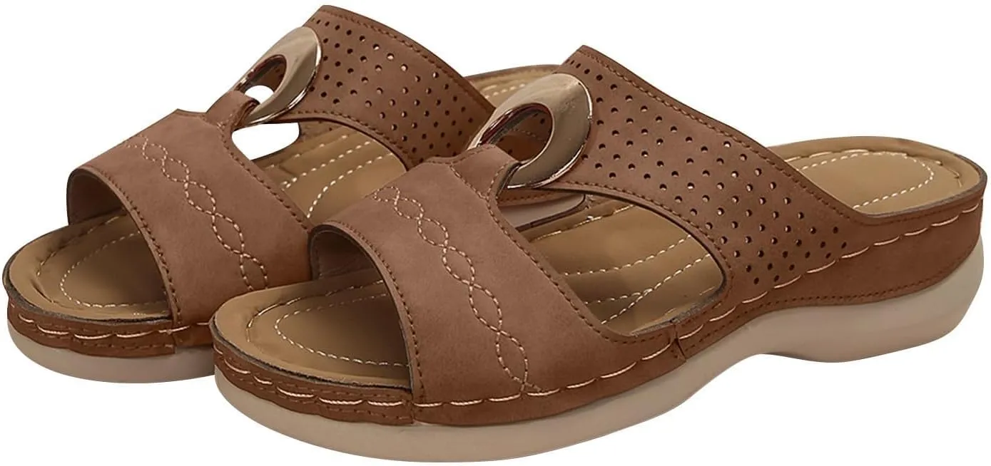 Women's Wedge Sandals Summer Leather Flat Hollow Out Slip On Open Toe Arch Support Platform Sandal Shoes